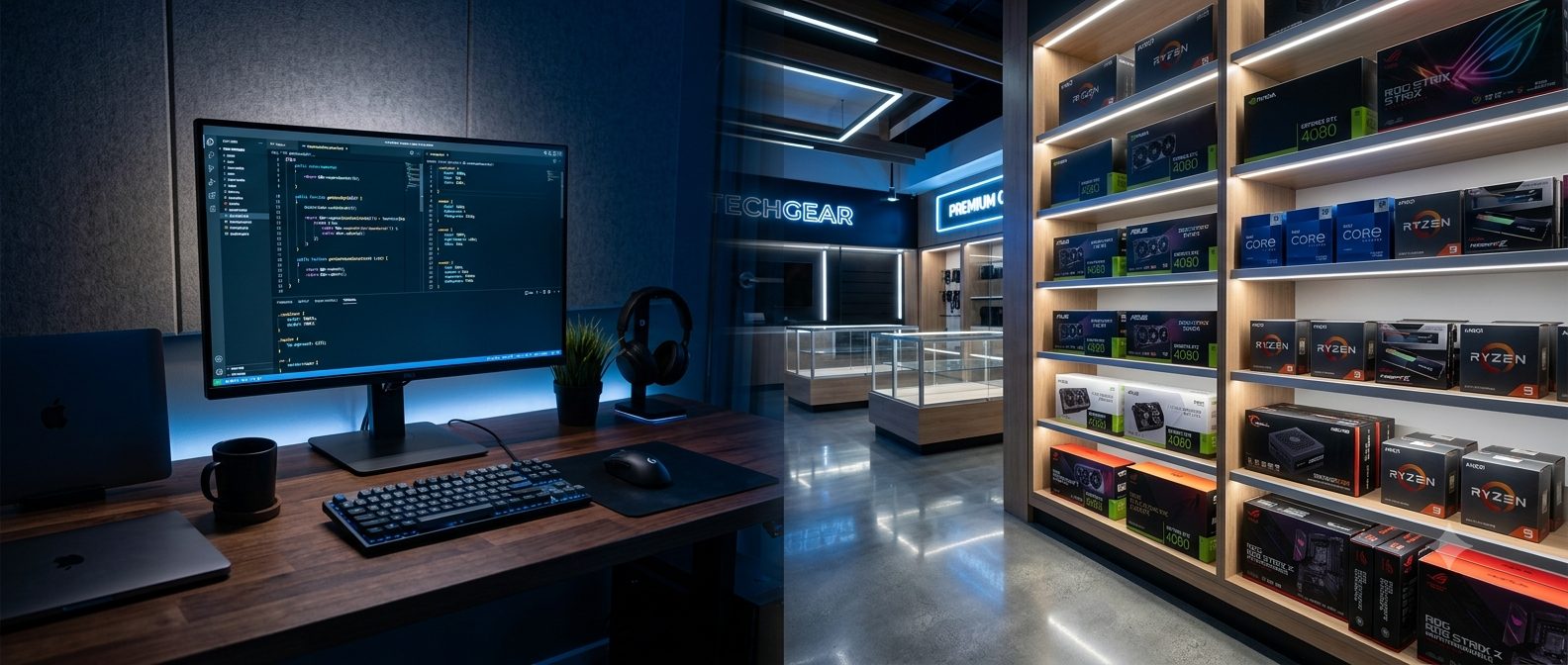 Poste de développement avec code à l'écran, en transition vers une boutique de matériel informatique